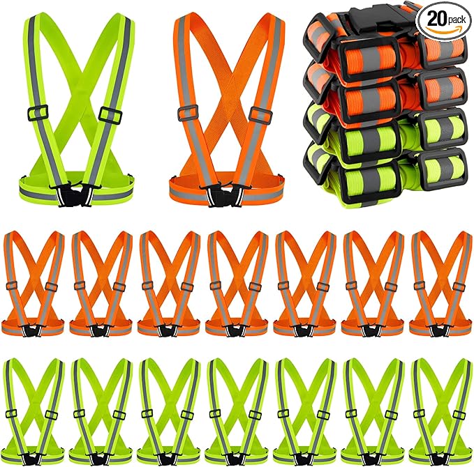 Hercicy 20 Pcs Reflective Vest High Visibility Safety Vests, Adjustable Bright Neon Lightweight Strap Gear (Green,Orange)