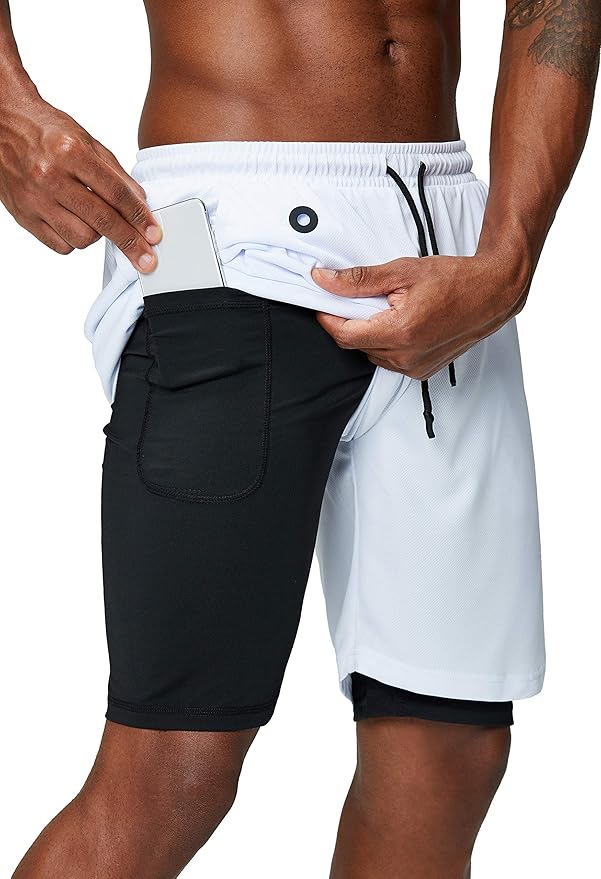 Pinkbomb Men's 2 in 1 Running Shorts Gym Workout Quick Dry Mens Shorts with Phone Pocket