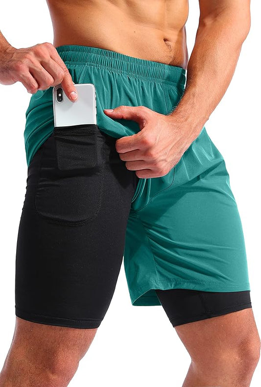 Pudolla Men’s 2 in 1 Running Shorts 5" Quick Dry Gym Athletic Workout Shorts for Men with Phone Pockets