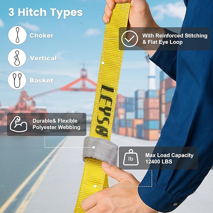 Leyso 2 Packs 2" x 6' Lifting Sling Straps, Multifunctional Heavy Duty Lift Sling Web Town Strap with 2 Reinforced Loops and Wear Guard End (Yellow)