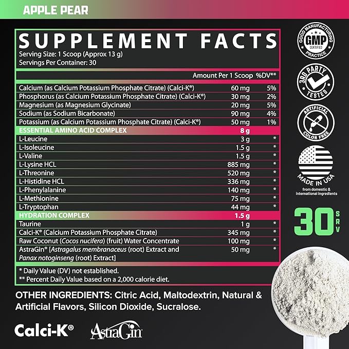 Nutrex Research EAA Hydration | EAAs + BCAAs Powder | Muscle Recovery, Strength, Muscle Building, Endurance | 8G Essential Amino Acids + Electrolytes | Apple Pear 30 Servings