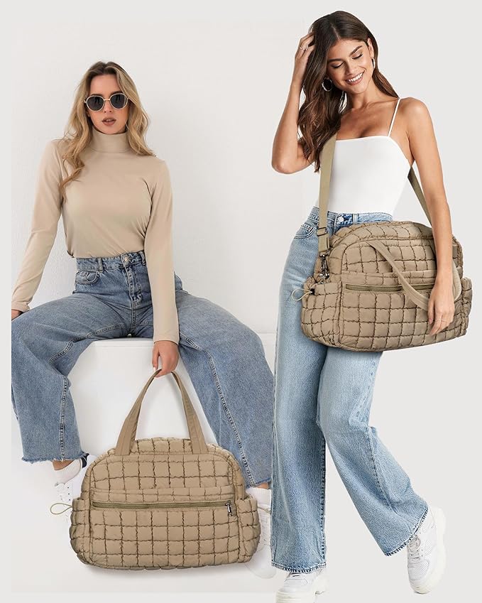 Quilted Duffle Bag for Women Cute Weekender Overnight Bags Lightweight Soft Puffer Travel Duffel Bags Carry On Gym Bag