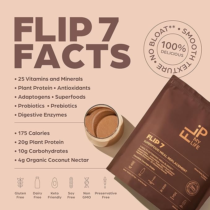 Flip My Life, Flip 7 Natural SuperFood, Plant-Based Protein, Complete Meal Replacement to Support Healthy Gut, 7 Mega Nutrient Rich Blends all in one to AGE BETTER - Chocolate