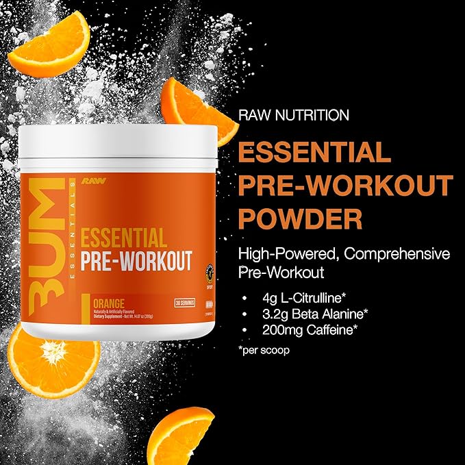 RAW Essential Pre-Workout Powder (Orange) - Chris Bumstead Sports Nutrition Supplement for Men & Women - Preworkout Energy Powder with Caffeine, L-Citrulline, L-Tyrosine, & Beta Alanine Blend