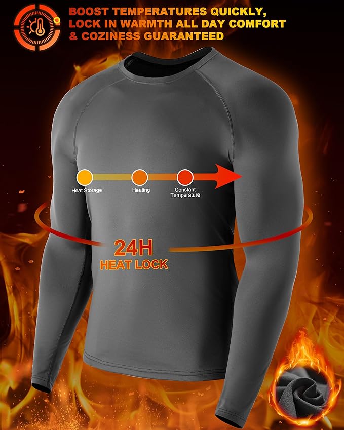 Mens Thermal Compression Shirts, Warm Long Sleeve Fleece Lined Tops Athletic Base Layer for Running Cold Weather