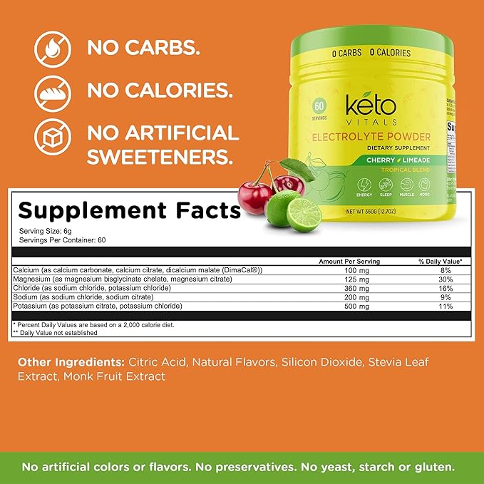 Keto Vitals Electrolytes Powder | Keto-Friendly Electrolytes with Potassium, Magnesium, Sodium, Calcium | Keto Electrolytes Supplement Energy Drink Mix | Sugar-Free, Zero Calories, Zero Carbs