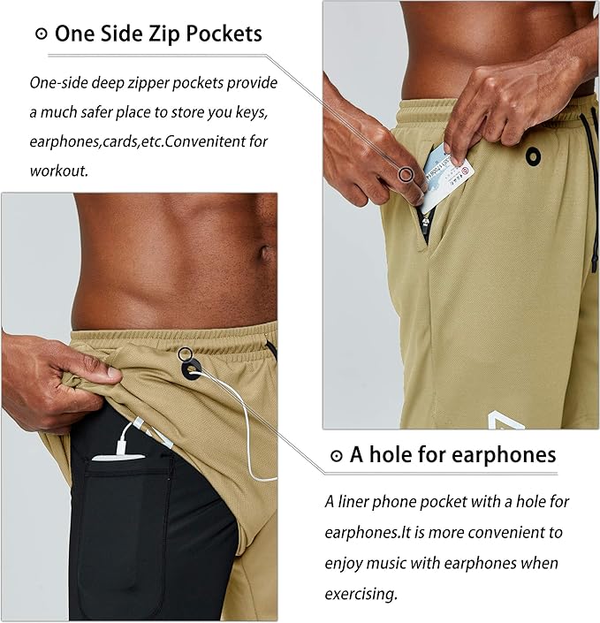 Pinkbomb Men's 2 in 1 Running Shorts Gym Workout Quick Dry Mens Shorts with Phone Pocket