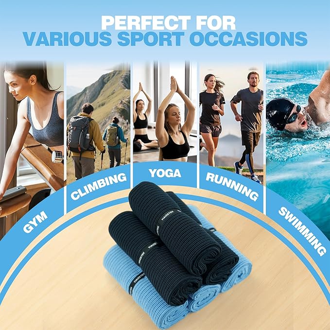 Microfiber Gym Towels with Snap Straps, Yoga Towel for Home and Gym, 16 Inch x 28 Inch, 6 Pack (Grey/Blue, 16" x 28")