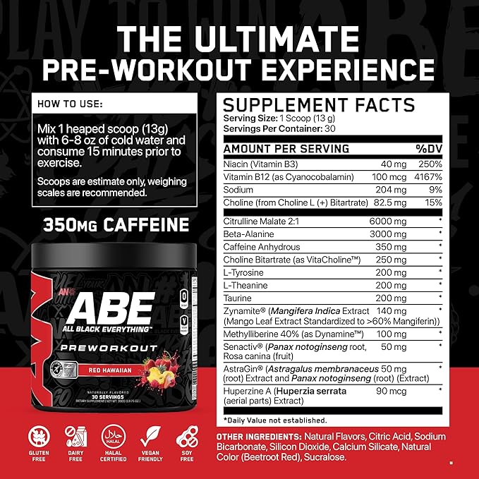 All Black Everything Pre Workout Powder | 30 Servings | Red Hawaiian | 350mg Caffeine | Nootropic Pre-Workout Blend | Beta Alanine + Citrulline | Energy Supplement for Men and Women