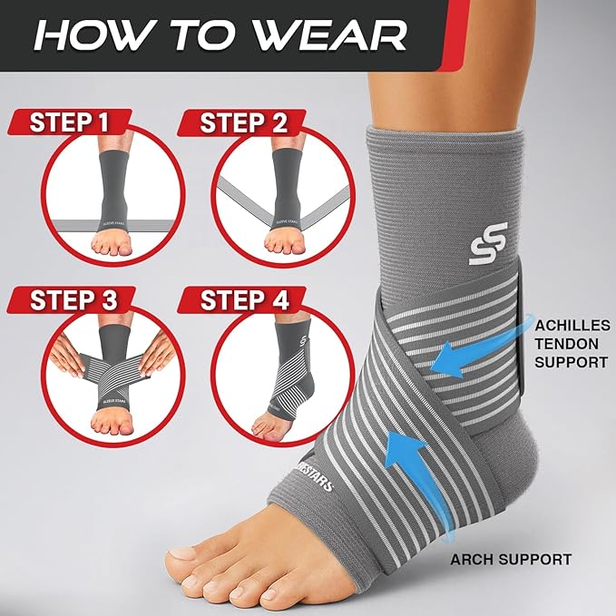 Sleeve Stars Ankle Brace for Women & Men, Ankle Wrap for Sprained, Compression Sleeve for Plantar Fasciitis Relief, Easy Customizable Support: w/ Removable Strap (Single/M:10"-12"/Gray)