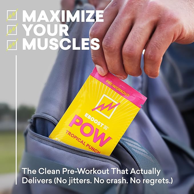 EBOOST POW Natural Pre Workout Powder - 15 Packets, Tropical Punch - Preworkout Energy Booster Gym Supplement Drink Mix for Men and Women - Performance, Joint Mobility Support - Gluten-Free