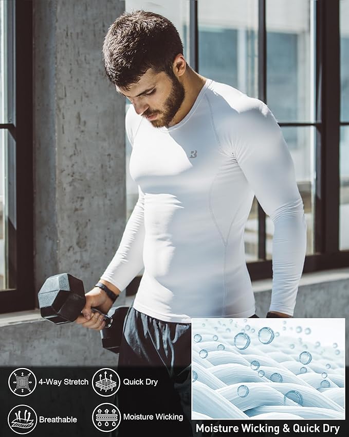Roadbox Mens Compression Shirt, Cool Dry Long Sleeve Workout Shirts, Running Athletic Football Gym Base Layer Tops UPF 50+