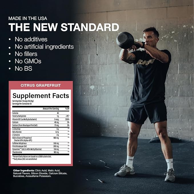 RAW Pre-Workout Powder, Essential CHARGED (Citrus Grapefruit) - Preworkout Supplement for Men, Women - Supports Focus, Mood, Performance - Caffeine, Alpha-GPC, L-Citrulline, Beta Alanine (25 Servings)