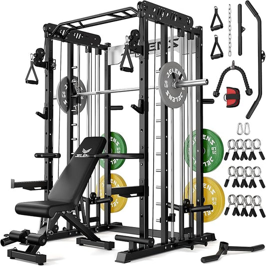 Smith Machine for Home Gym, Multi-Function M12 Power Cage with Cable Crossover System, Squat Rack with Smith Bar and More Attachment