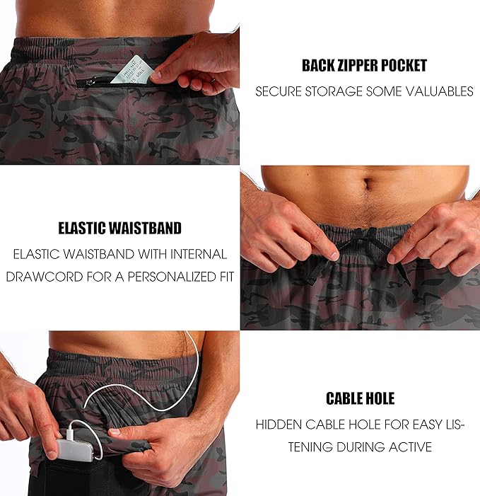 Pudolla Men’s 2 in 1 Running Shorts 5" Quick Dry Gym Athletic Workout Shorts for Men with Phone Pockets