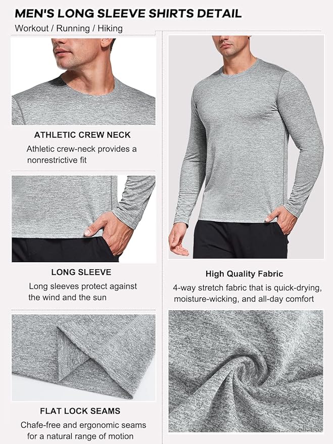 Men's 1, 3 or 5 Pack Performance Long Sleeve T-Shirts, UPF 50+ Sun Protection Shirts, Athletic Gym Workout Shirts for Running
