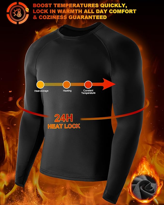 Mens Thermal Compression Shirts, Warm Long Sleeve Fleece Lined Tops Athletic Base Layer for Running Cold Weather