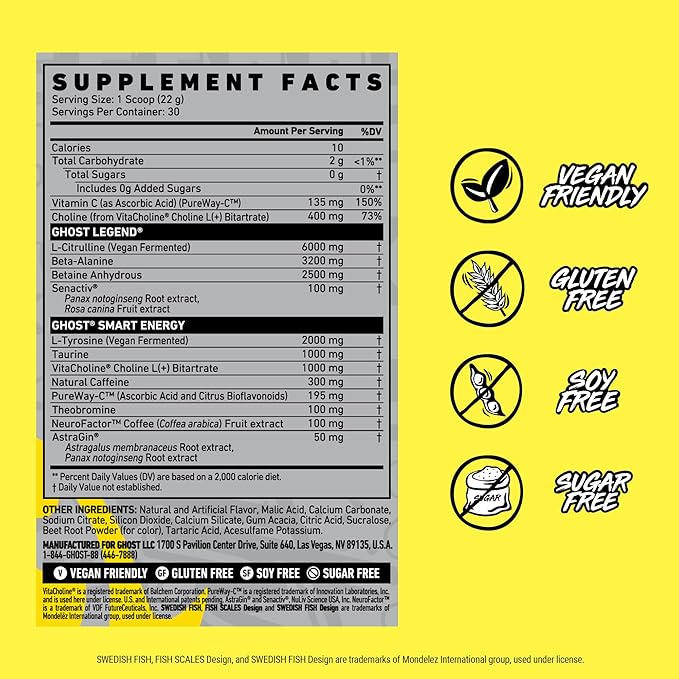 GHOST Legend Pre-Workout Powder, Swedish Fish - 30 Servings – Pre-Workout for Men & Women with Caffeine, Choline, L-Citrulline, & Beta Alanine for More Pumps, Energy & Focus - Vegan Friendly