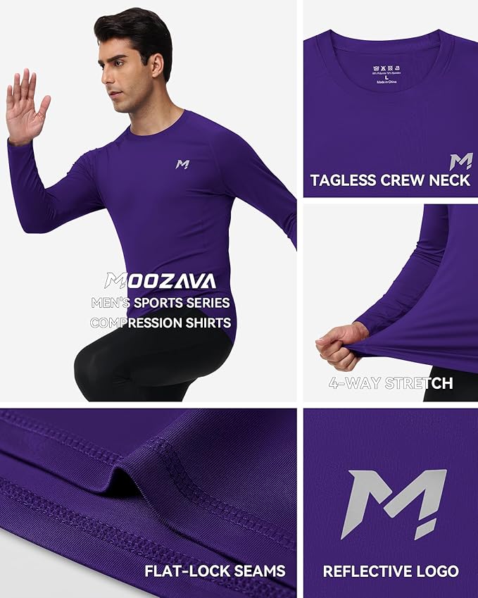 Mens Compression Shirt Long Sleeve Quick Dry Athletic Workout Gym T-Shirt SPF Running Top Sport Undershirt Base Layer