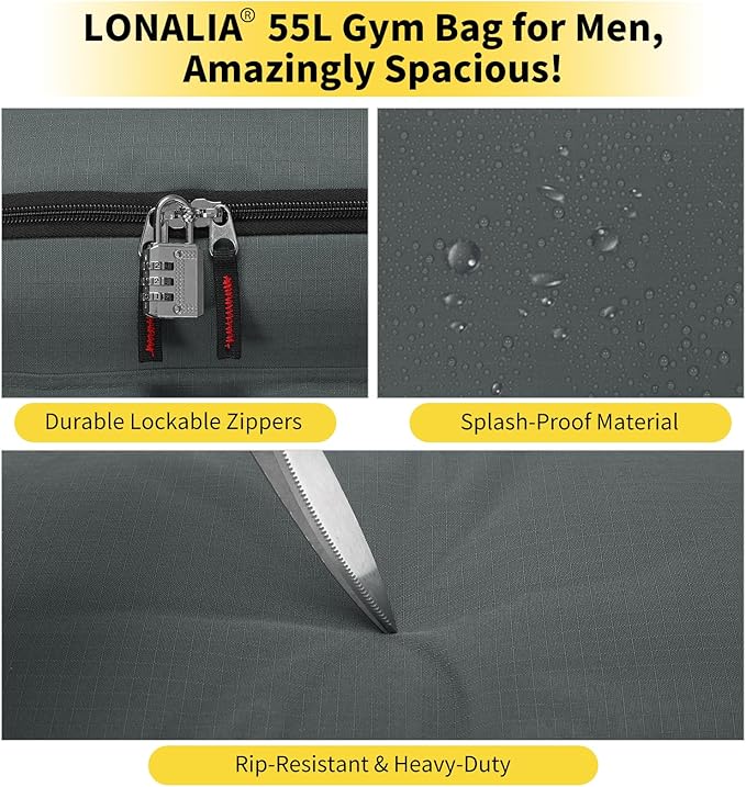 55L Large Sports Duffle Bag for Men - 22 inch Men's Gym Bag Heavy Duty Duffel Bag (Gray)