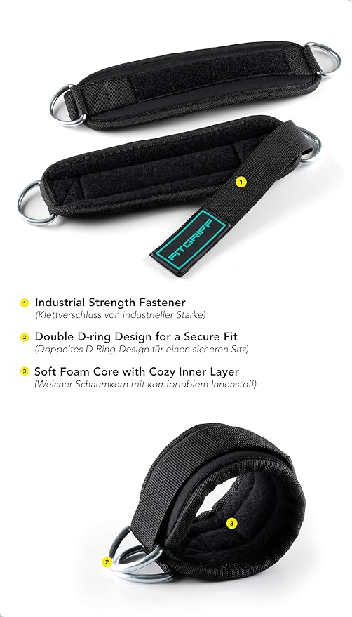 Fitgriff® Ankle Straps V3 for Cable Machine (2 Pieces) - Gym Workout Equipment - Leg Pulley Attachment, Kickback Straps