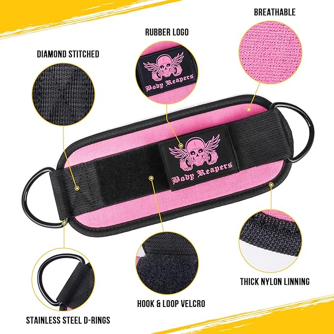 Body Reapers Gym Ankle Strap for Cable Machine with Adjustable Velcro, Durable Double D-Rings & Cushioned Design for Glute, Leg & Lower Body Exercises, Comfortable Workout Straps & Ankle Cuff