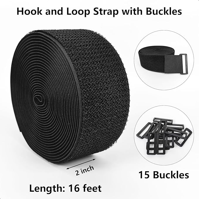 Hook and Loop Straps, 2'' x 16', Fastening Cinch Straps with 15 Buckles, Cut to Length, Heavy Duty, Reusable Cable Straps, Cord Straps, 16 Feet Long Cord Strap for Storage and Organization