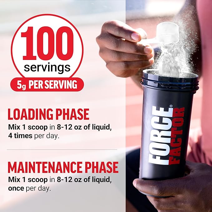 Force Factor Creatine Monohydrate Powder, 5g Micronized Dose to Support Muscle Growth, Strength, Recovery, Cognitive Health & Memory, Unflavored, 100 Servings