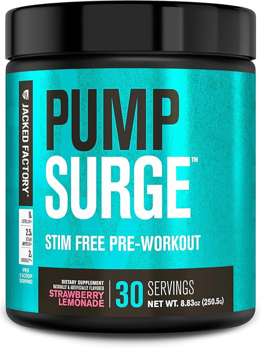 Jacked Factory Pumpsurge Caffeine Free Pre Workout for Men & Women - Nootropic Booster & Stim Free Pre Workout - Intense Pumps, Enhanced Focus - 30 Servings, Strawberry Lemonade