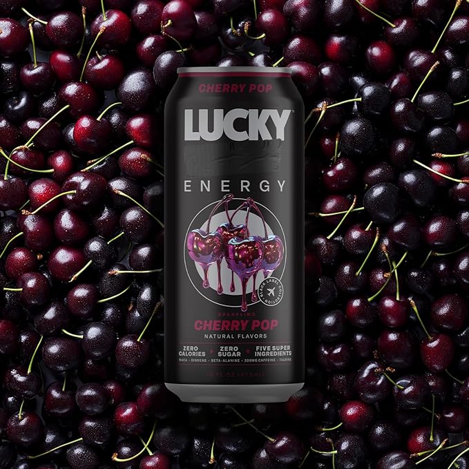 Lucky Energy Sugar Free Energy Drinks, Cherry Pop, 16oz Cans (12-Pack) Healthy, Zero Sugar Energy Drink with Maca, Ginseng, Beta-Alanine, Taurine & 200mg Caffeine