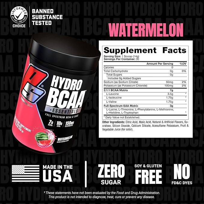 PROSUPPS HydroBCAA Essential Amino Acids Powder, Watermelon - Workout Supplement with BCAA, EAAs & Electrolytes for Hydration & Recovery - Stimulant-Free, Soy & Gluten-Free - 30 Servings