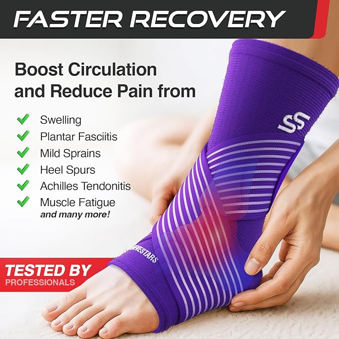 Sleeve Stars Ankle Brace for Women & Men, Ankle Wrap for Sprain, Compression Sleeve for Plantar Fasciitis Relief, Easy Customizable Support: w/ Removable Strap (Pair/M:10"-12"/Dark Purple)