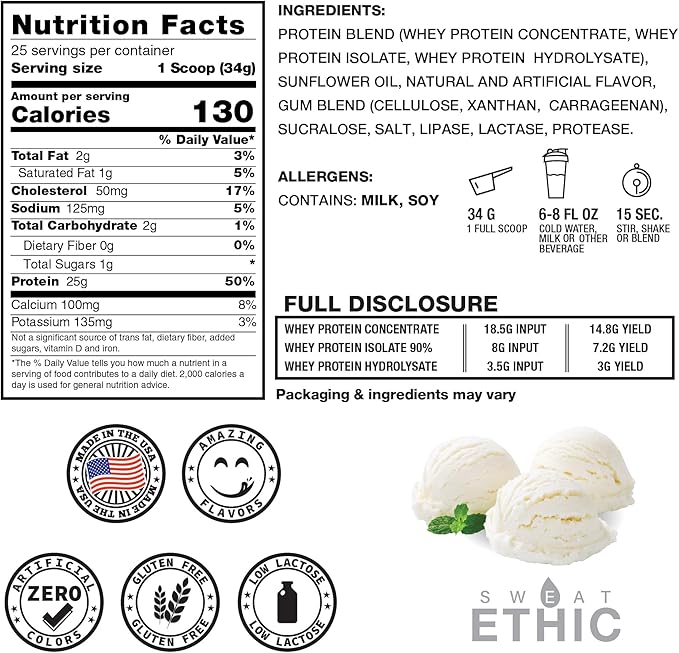 Sweat Ethic Whey'd Protein Powder, 25 G Whey Protein Blend with Concentrate (30 Ounce, Vanilla Cream)