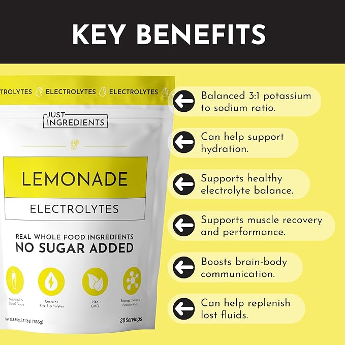 JUST INGREDIENTS Lemonade Electrolytes Drink Mix - Coconut Water, Sea Salt, Trace Minerals - 30 Servings