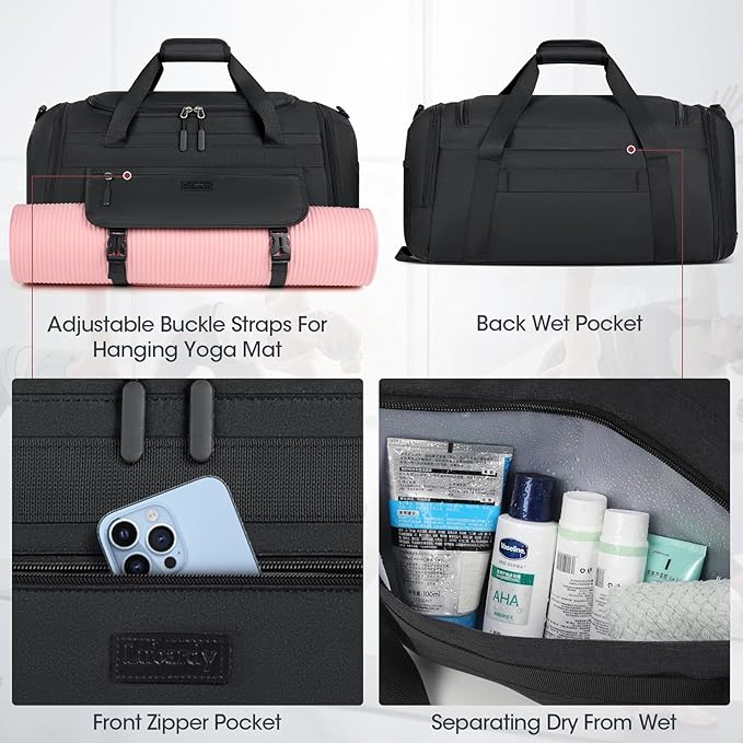 IGOLUMON Gym Bag for Men 55L Sports Duffel Bags Gym Duffle Bag Women with Shoe Compartment & Wet Pocket Water Resistant Travel Duffel Bag Lightweight Weekender Overnight Bag Black