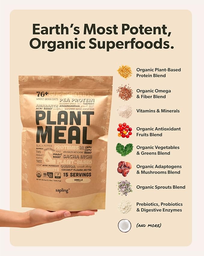 Plant Meal Replacement Shake - Vanilla - 25g of Plant Based Vegan Protein Powder, 76+ Organic Superfoods, Vitamins & Minerals, Mushrooms, Super Greens, Digestive Enzymes & Probiotics - 15 Servings