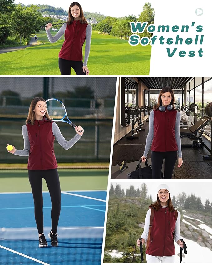 Outdoor Ventures Women's Hooded Lightweight Softshell Vest, Windproof Fleece Lined Sleeveless Jacket for Golf Running Travel