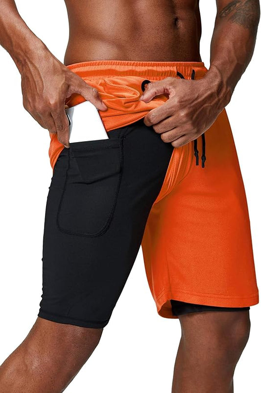 Pinkbomb Men's 2 in 1 Running Shorts Gym Workout Quick Dry Mens Shorts with Phone Pocket