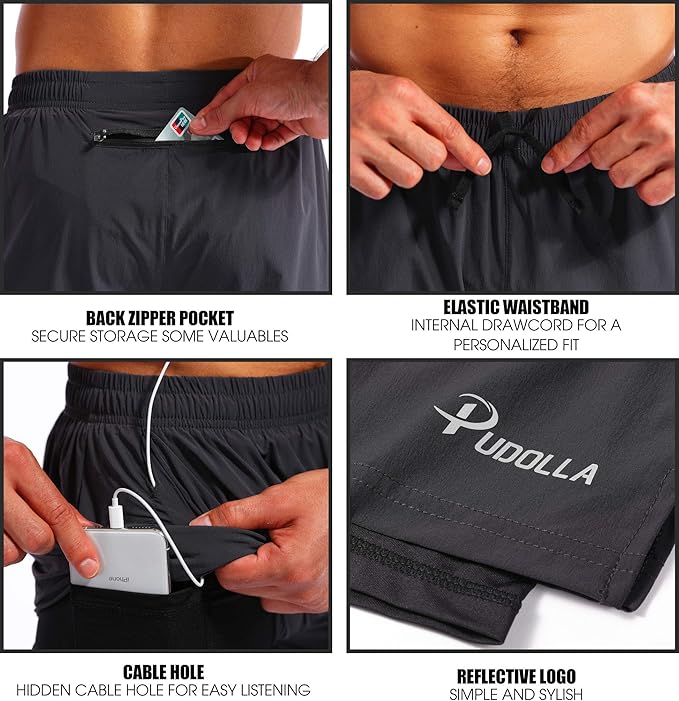 Pudolla Men’s 2 in 1 Running Shorts 5" Quick Dry Gym Athletic Workout Shorts for Men with Phone Pockets