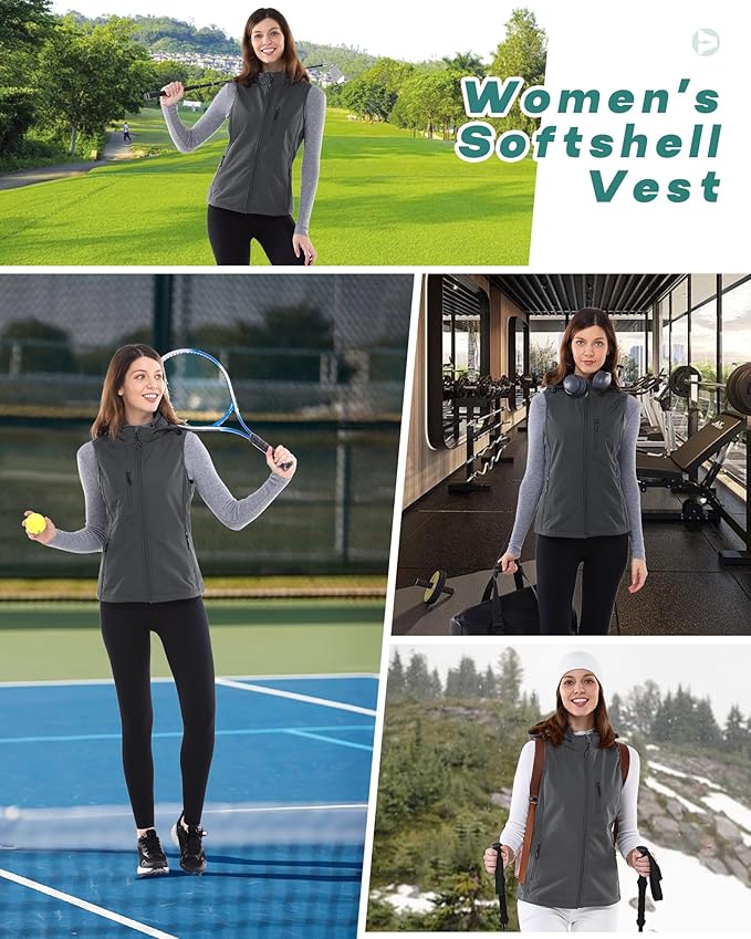 Outdoor Ventures Women's Hooded Lightweight Softshell Vest, Windproof Fleece Lined Sleeveless Jacket for Golf Running Travel