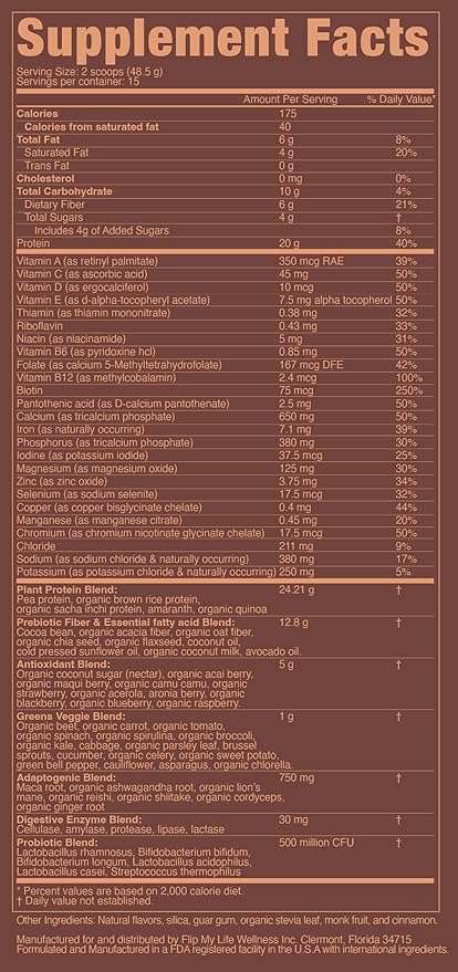 Flip My Life, Flip 7 Natural SuperFood, Plant-Based Protein, Complete Meal Replacement to Support Healthy Gut, 7 Mega Nutrient Rich Blends all in one to AGE BETTER - Chocolate