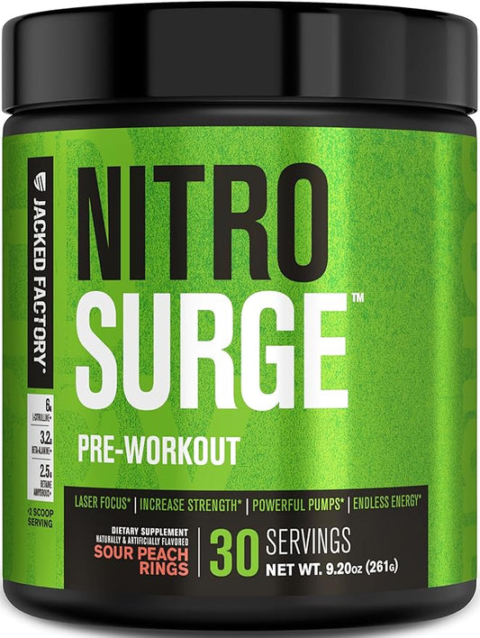 Jacked Factory NITROSURGE Pre Workout Supplement - Endless Energy, Instant Strength Gains, Clear Focus, Intense Pumps - NO Booster & Powerful Preworkout Energy Powder - 30 Servings, Sour Peach Rings