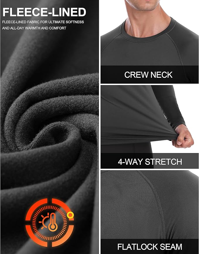 Mens Thermal Compression Shirts, Warm Long Sleeve Fleece Lined Tops Athletic Base Layer for Running Cold Weather