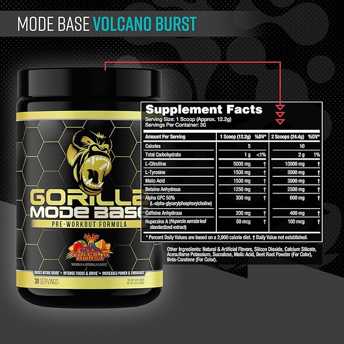 Gorilla Mind Base Pre Workout - Raises Nitric Oxide Intense Focus & Drive Endurance Power - L-Citrulline, L-Tyrosine, Betaine, Alpha-GPC, Caffeine, Huperzine A - 360 Grams (Volcano Burst)
