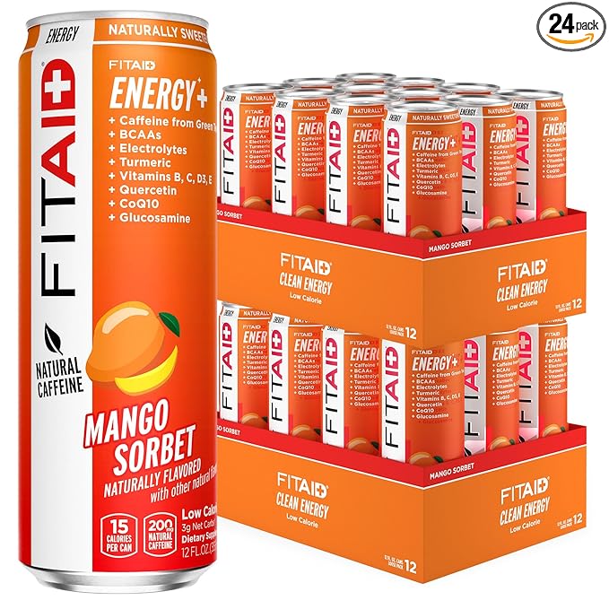 FITAID ENERGY, 200mg Natural Caffeine, Keto, Mango Sorbet, Optimum Performance Formula: BCAAs, Quercetin, Electrolytes, Omega-3s, 15 Calories, Paleo, Vegan & Gluten-Free, 12-oz. Cans (Pack of 24)