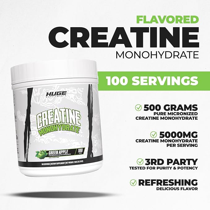 Flavored Creatine Monohydrate Powder - Green Apple Flavor, 500 Grams, Third Party Tested, Micronized for Optimal Absorption, 5 Grams Per Scoop, Delicious & Easy Mixability (100 Servings)