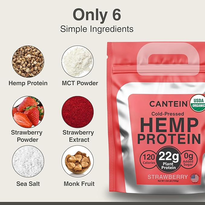 Organic Hemp Protein Powder, Plant Based and Vegan Protein Shake, Lactose and Dairy Free, Gluten Free, Clean and Natural- Strawberry (20 Servings)