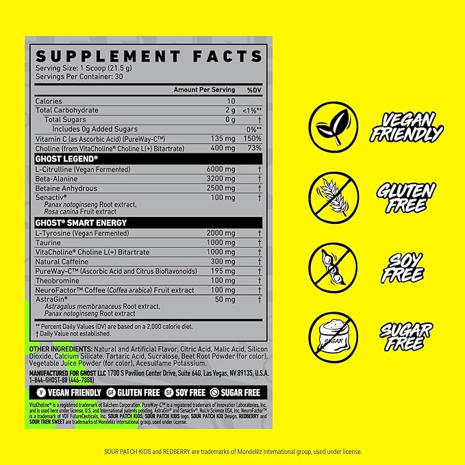 GHOST Legend Pre-Workout Powder, SPK Redberry - 30 Servings – Pre-Workout for Men & Women with Choline, L-Citrulline, & Beta Alanine for Energy & Focus