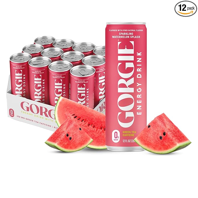GORGIE Sugar Free Natural Energy Drinks, Sparkling Watermelon Crush (12 Pack) - Healthy Energy Drink - Natural Coffee Replacement with Green Tea Caffeine and Biotin, 150mg Caffeine, Vegan, Low Calorie