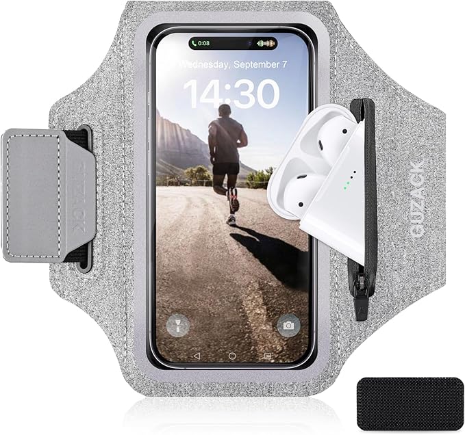 GUZACK Running Armband Case for iPhone 16/15/14/13/12/11 Pro Max, Galaxy S25/S24/S23/S22, Universal Cell Phone Arm Holder with Key Pocket & Card Slot, Gray
